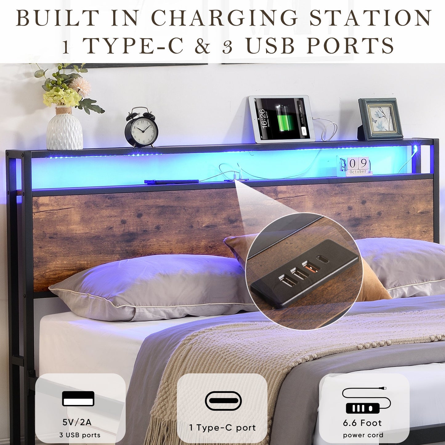 Full size bedstead with storage headboard and 2 drawers, LED light bed with charging station, metal Flat noodles support - Korvel