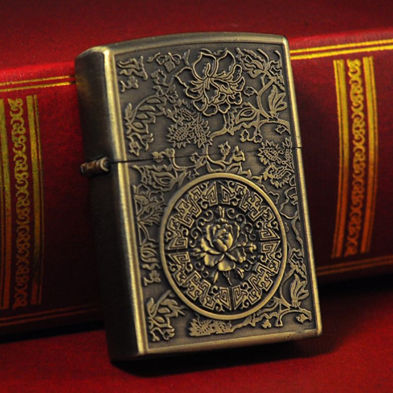 Retro Windproof Kerosene Lighter with Bronze Relief Design
