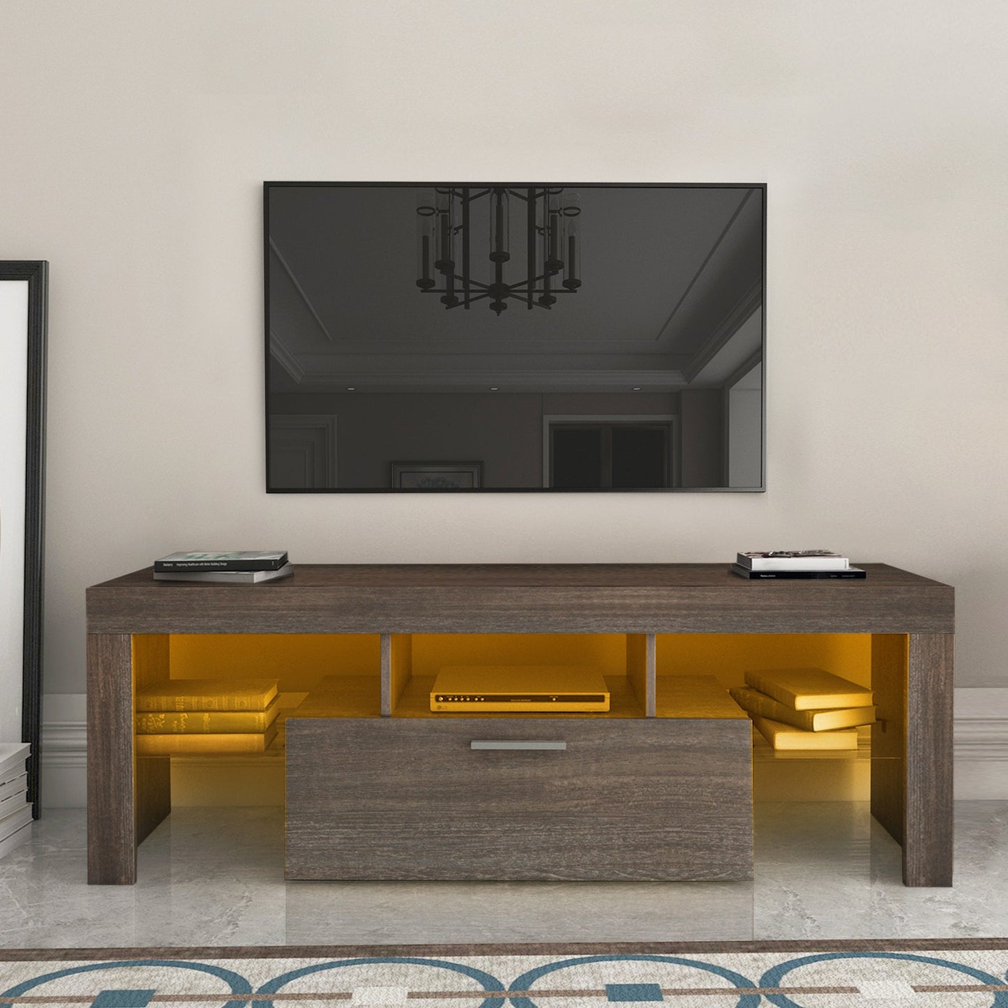 Meuble TV moderne marron avec éclairage LED - Assemblage rapide