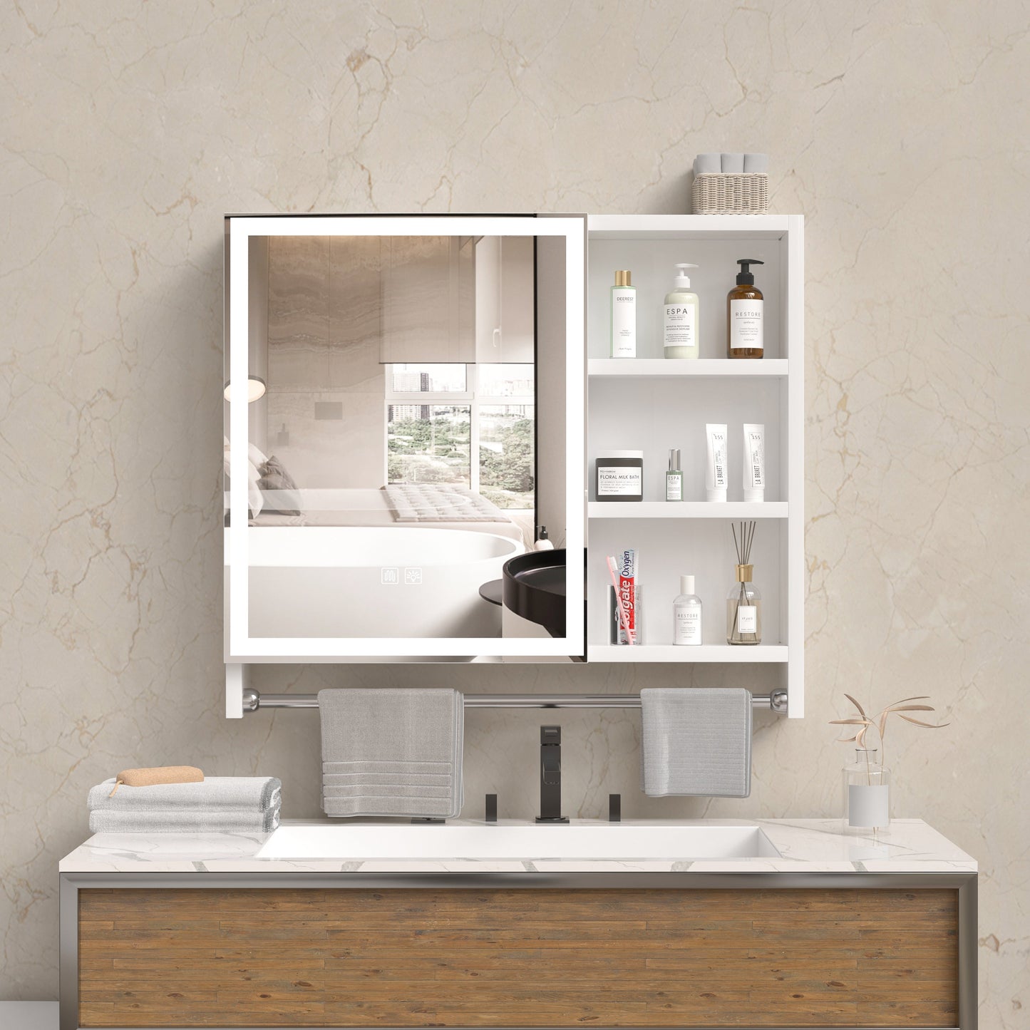 Cabinet de rangement moderne pour salle de bain 32x28 pouces avec éclairage LED