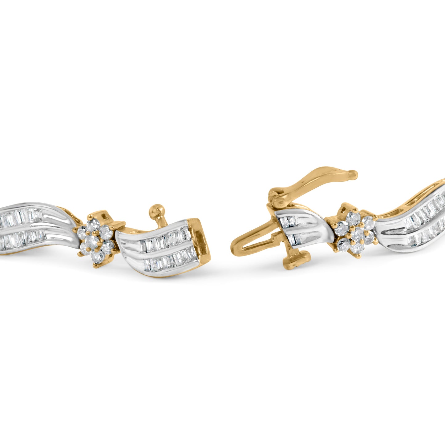 10K Yellow and White Gold Diamond Cluster Wave Link Bracelet - 7.25"