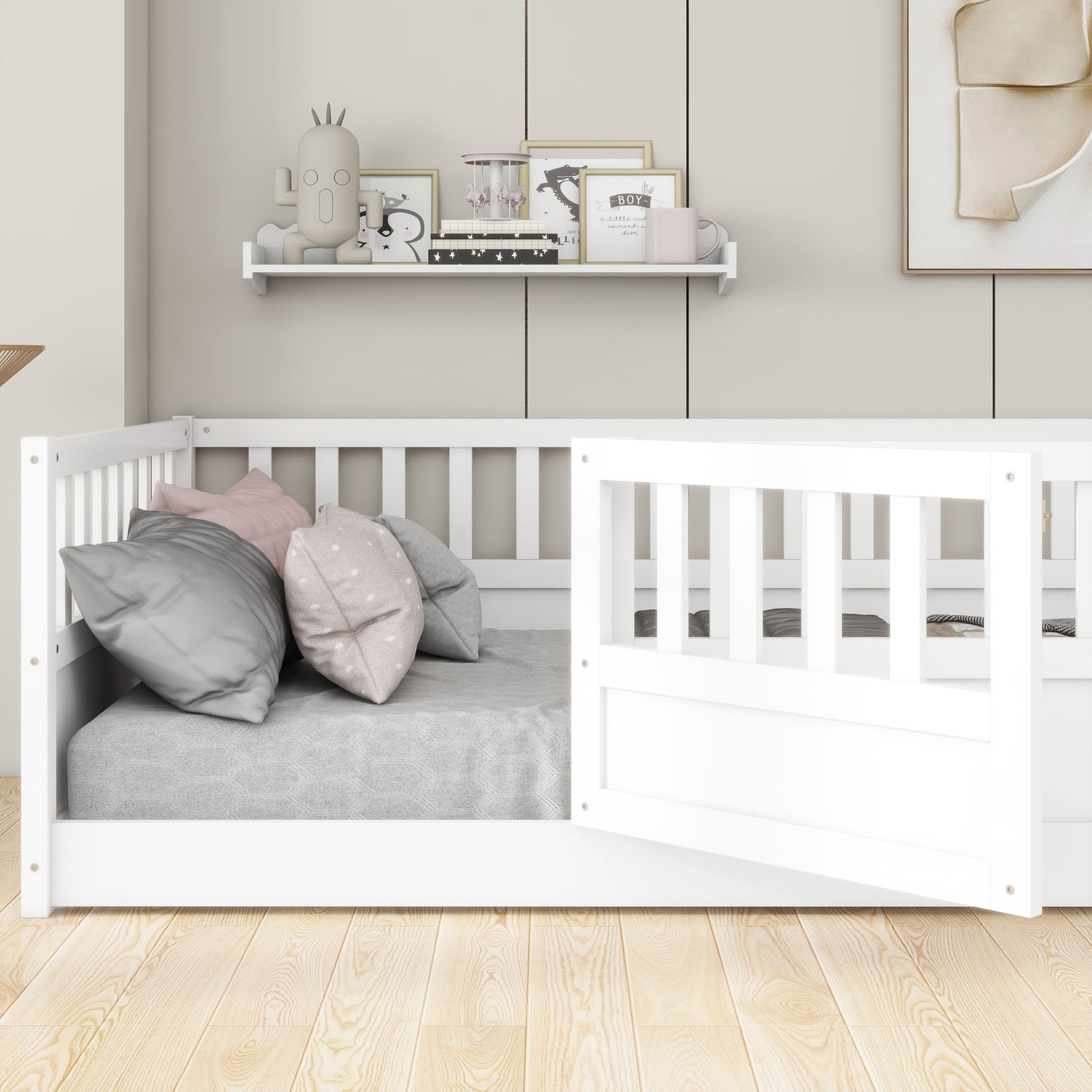 Double bed floor standing bed with ultra-high safety barrier, children's floor standing bed frame, Montessori wooden white - Korvel