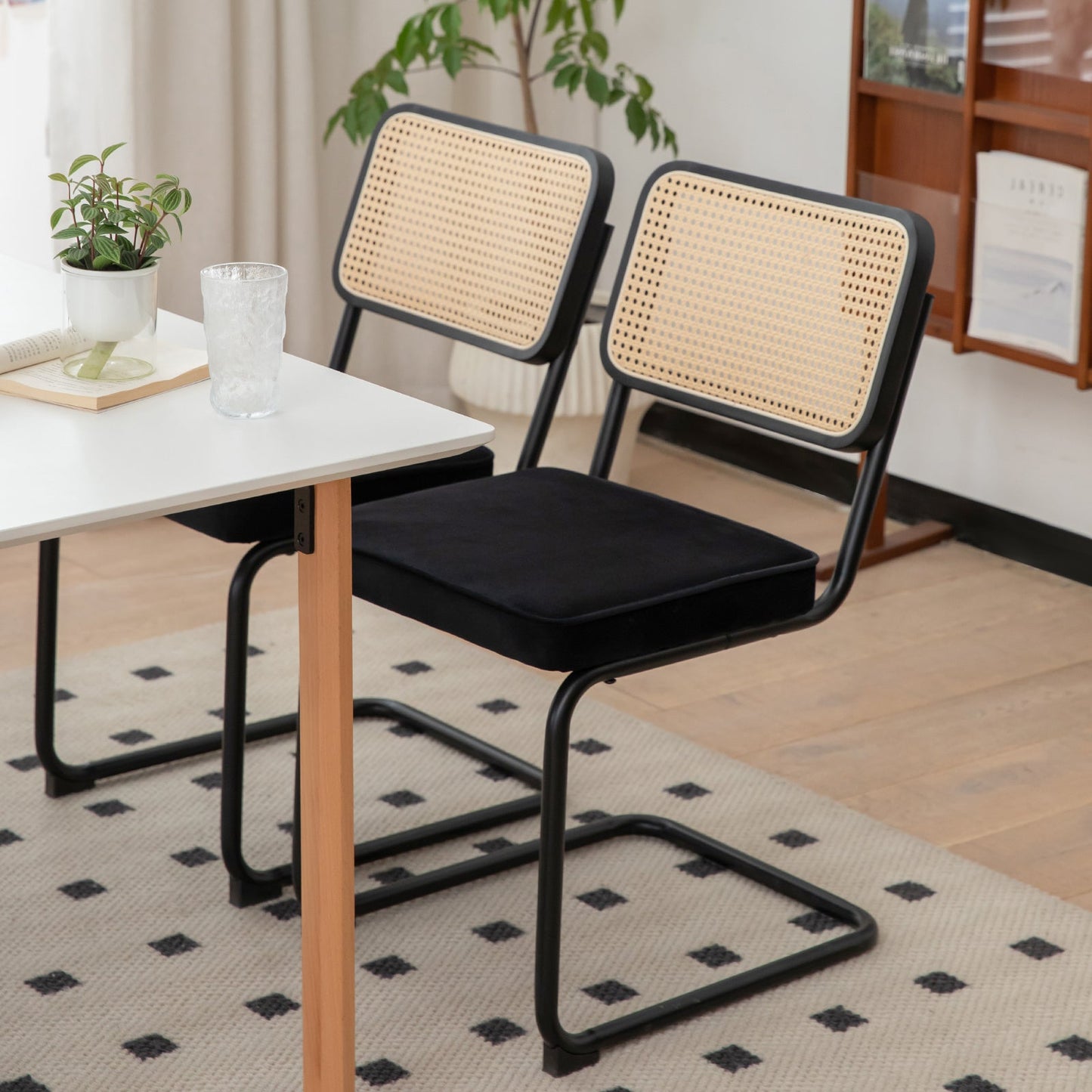 Dining Chairs Set of 2 velvet wicker side decorative chairs, black painted legs, modern medieval Bruell designed chairs, - Korvel