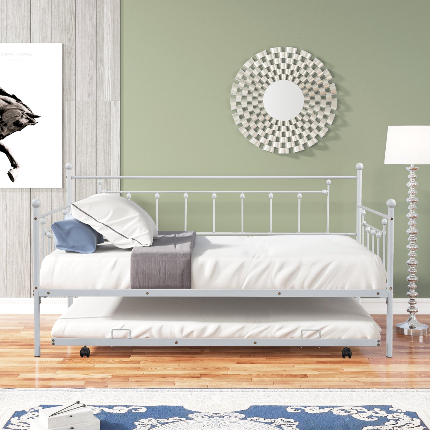 Light Grey Metal Double Bed with Trundle