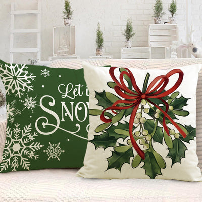 Green Christmas Pillow Cover Linen Printed Pillow Cover Holiday Living Room Bedroom Decoration Cushion Cover - Korvel