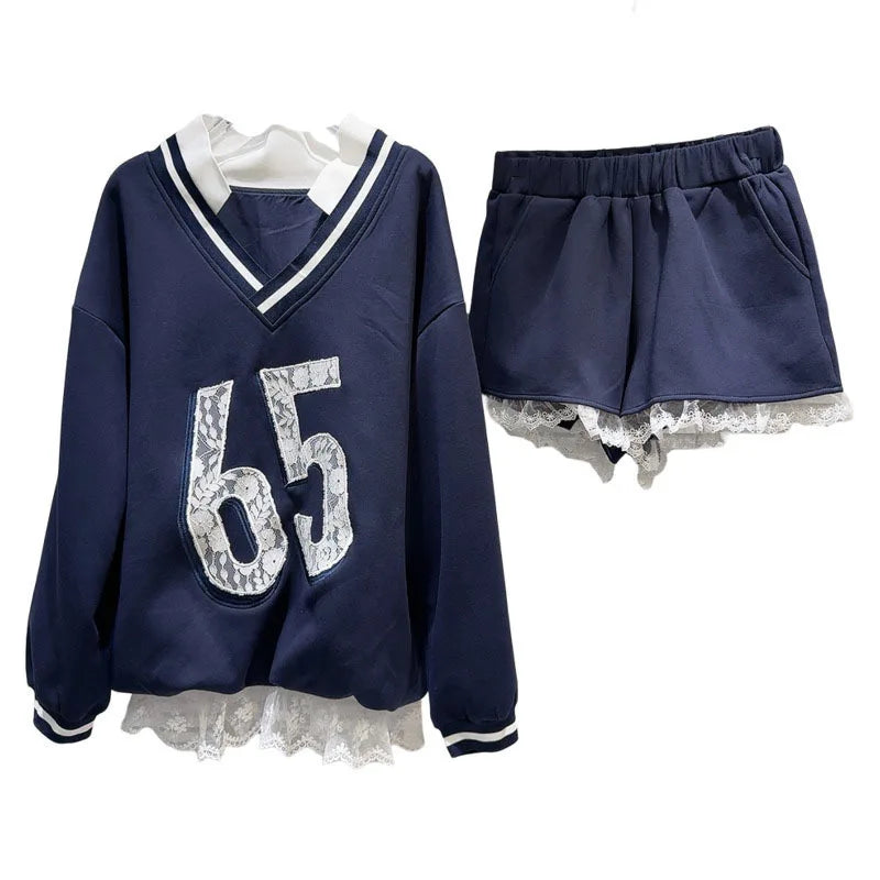 Conjunto de Sudadera con Cuello en V y Pantalones Cortos con Encaje para Mujeres Otoñales