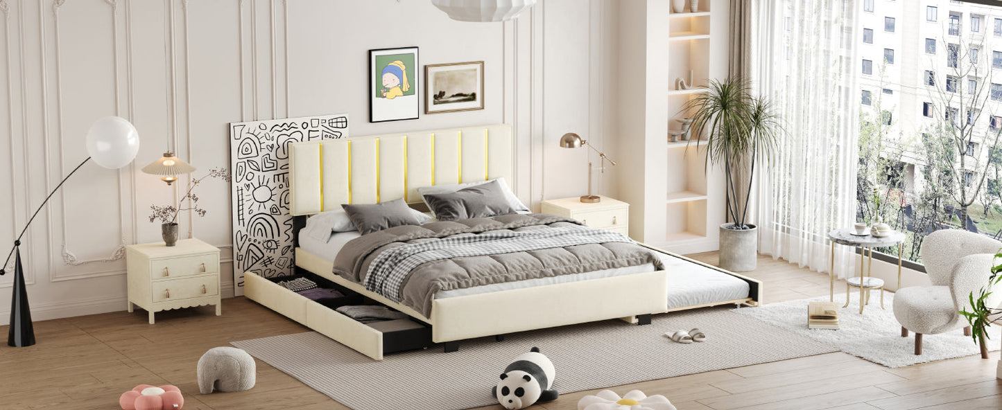 Elegant Queen Size Upholstered Platform Bed with Storage and Trundle
