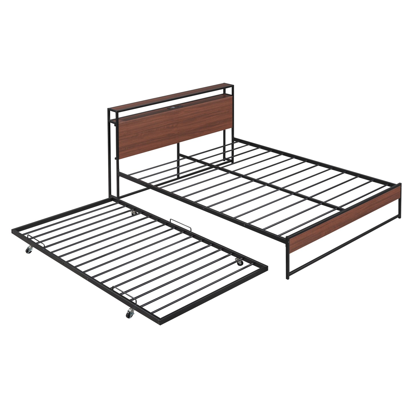 Cama de Plataforma de Metal Tamaño Queen con Trundle y Puertos USB - Negro