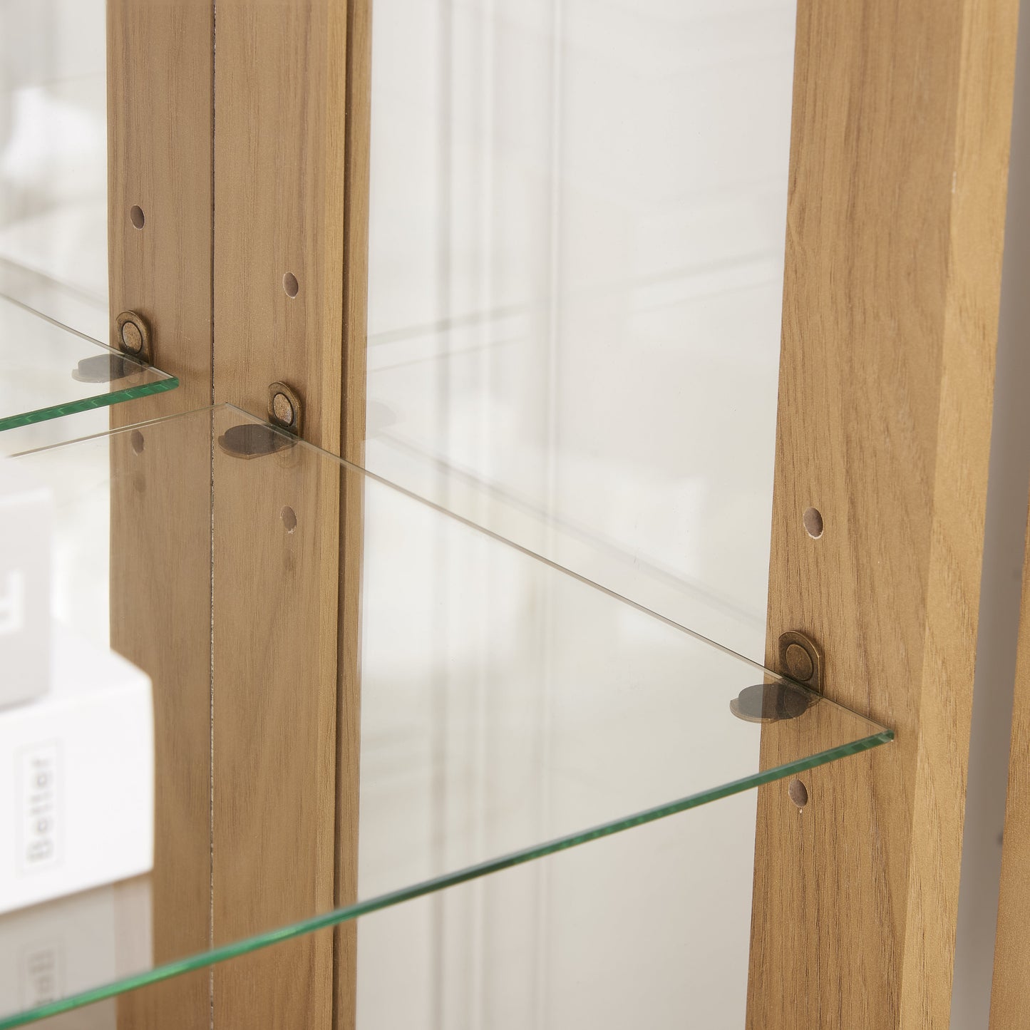 Dual door Curio cabinet with tempered glass doors, mirrored back panel and adjustable shelves, home lighting display cabinet Oak - Korvel
