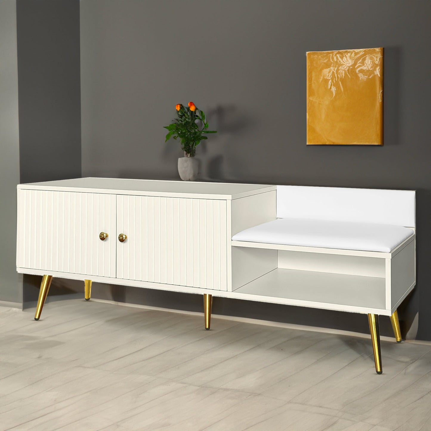 Modern Shoe Storage Bench with Hidden Storage and Upholstered Cushions for Bedside, Living Room and Entryway ((Antique White) - Korvel