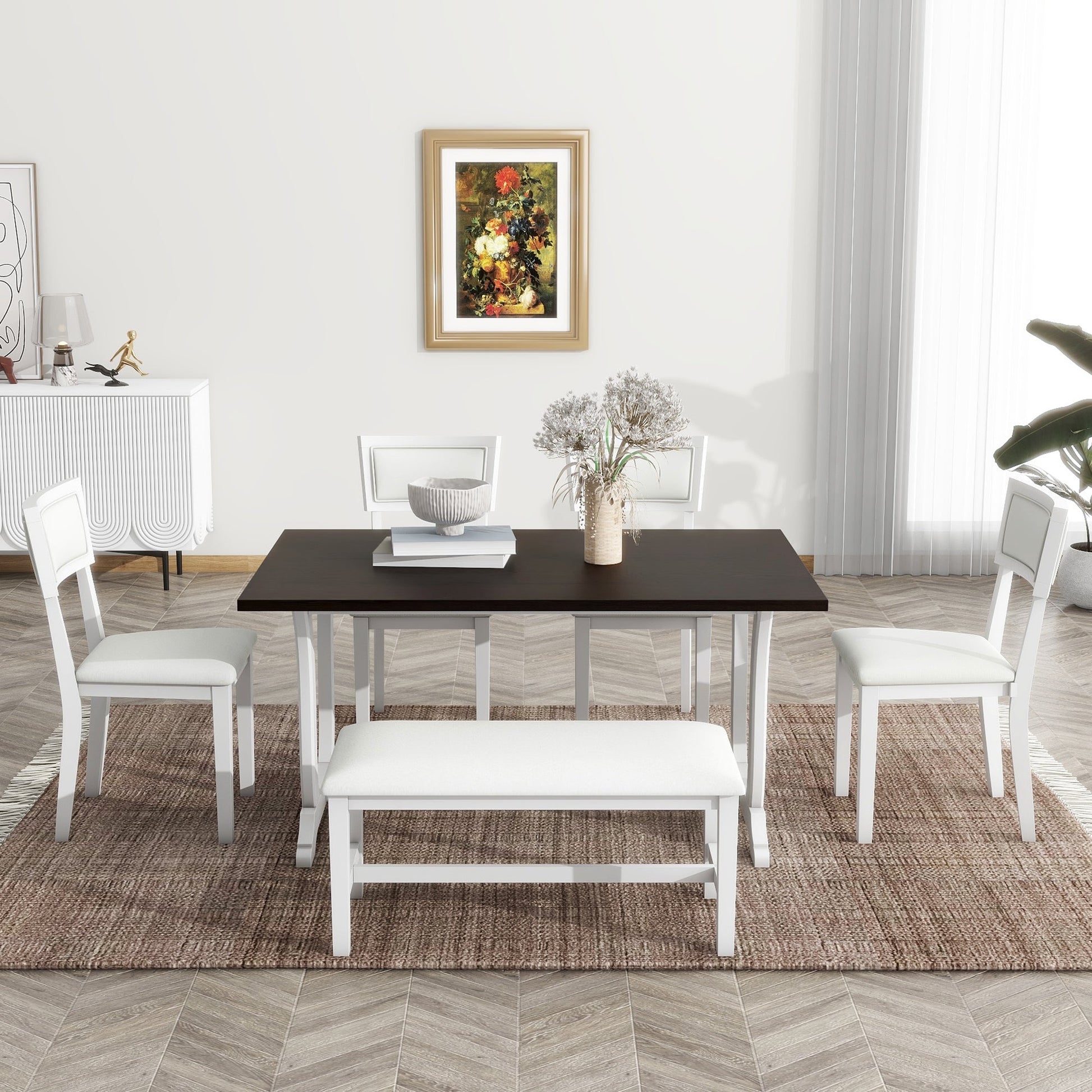 TOPMAX Farmhouse 6-Piece Trestle Dining Table Set with Upholstered Dining Chairs and Bench  59inch, White - Korvel