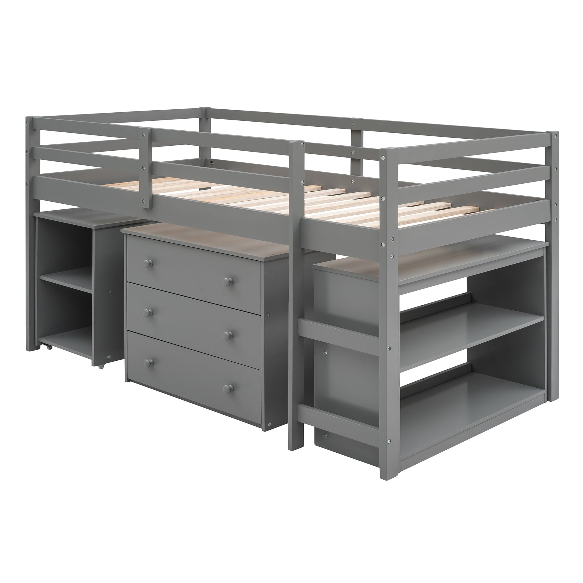 Low Study Twin Loft Bed with Cabinet and Rolling Portable Desk - Gray (OLD SKU :LP000113AAE) - Korvel