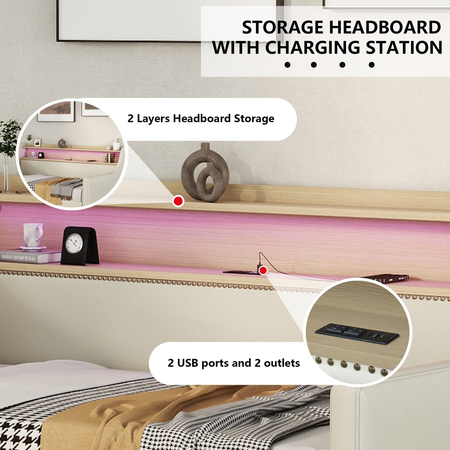 Twin Size Daybed with Storage Drawers, Upholstered Daybed with Charging Station and LED Lights, Beige - Korvel