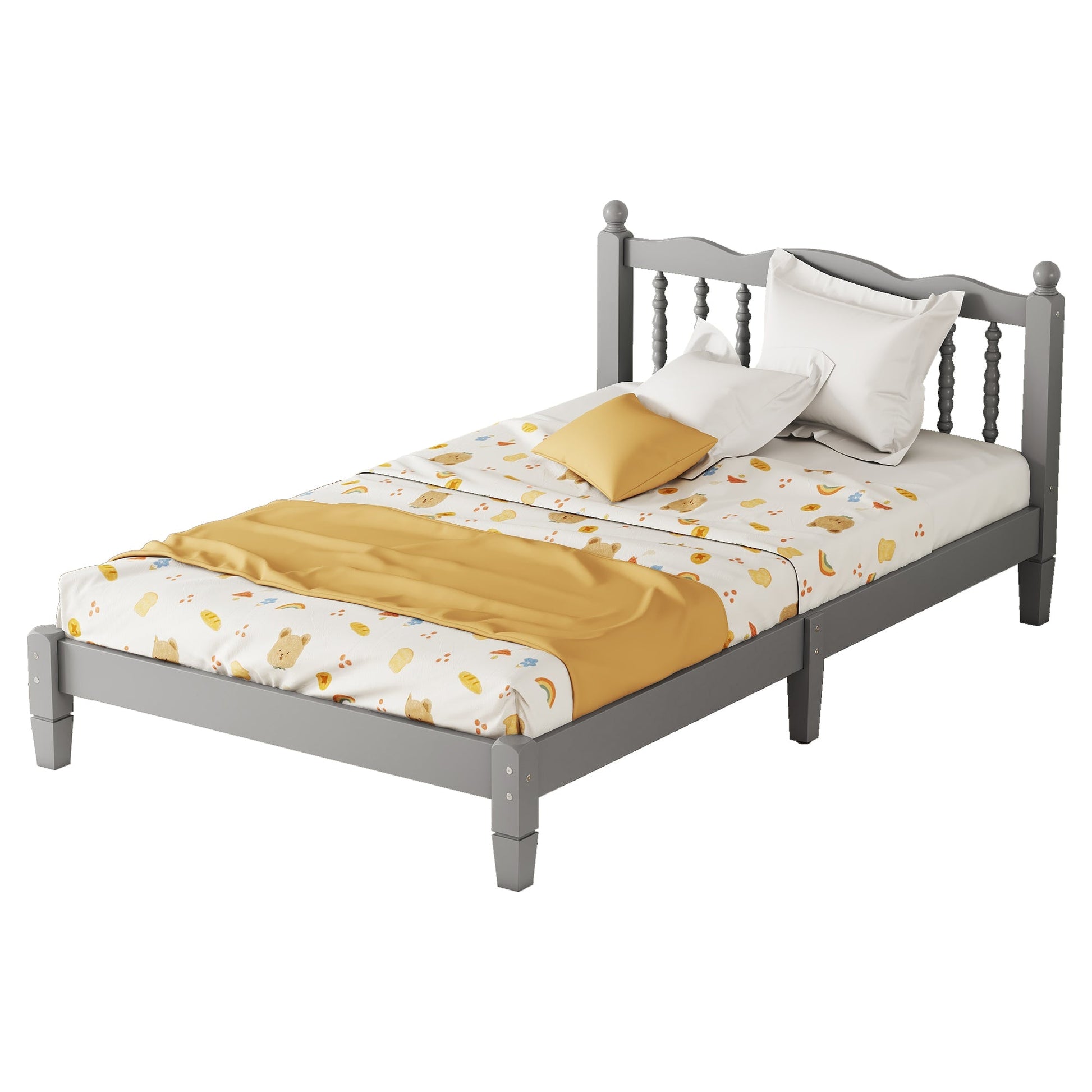 Twin Bed with Column-Decoration Headboard, with Bed Slats,Grey - Korvel