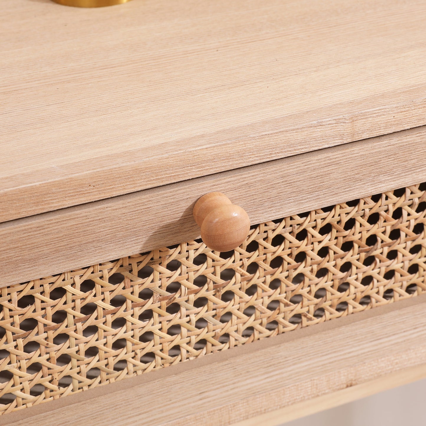 Side table with two real rattan drawers, solid wood table legs can be used in the dining room living room,bedroom - Korvel