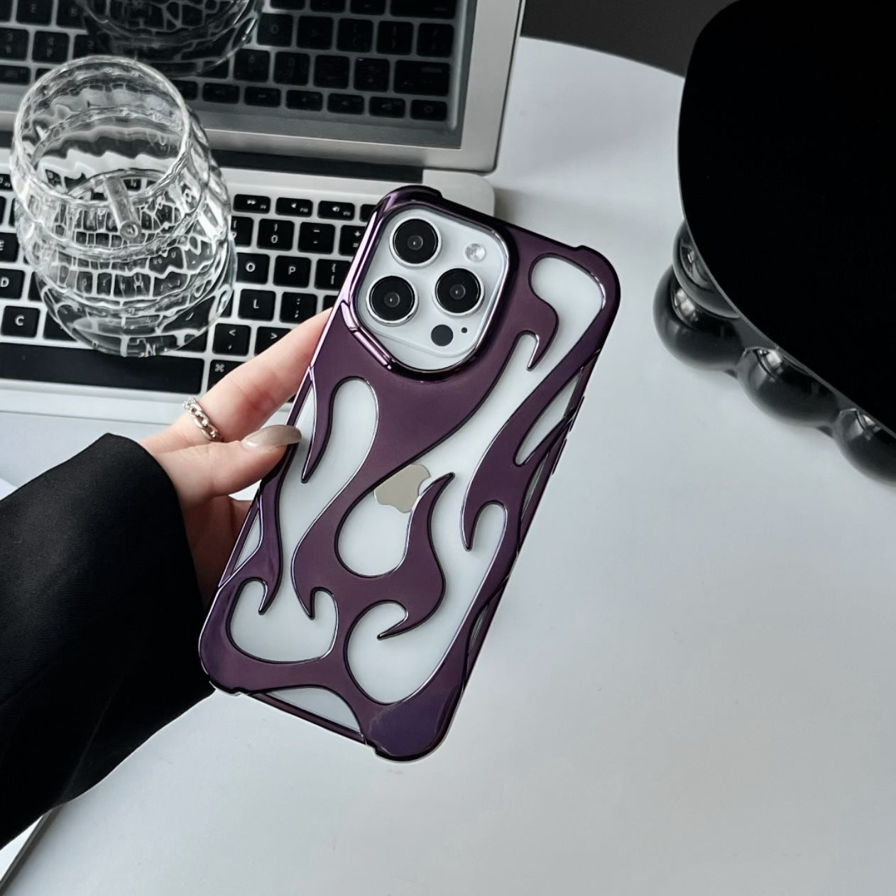 Electroplated hollow flame pattern phone case suitable for iPhone 15 Pro, simple all inclusive, Apple 14 anti drop protective cover - Korvel