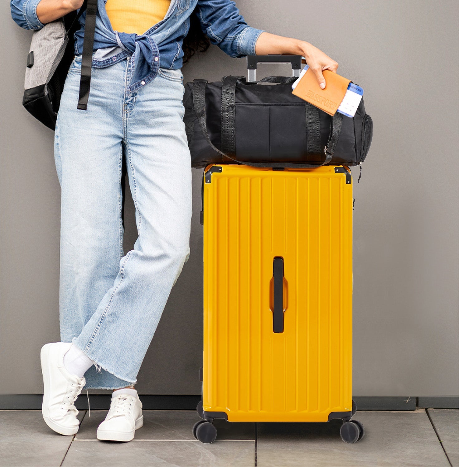 Luggage Set 4 pcs (20"/24"/29"/Travel Bag), PC+ABS Durable Lightweight Luggage with Collapsible Cup Holder TSA Lock, Yellow - Korvel