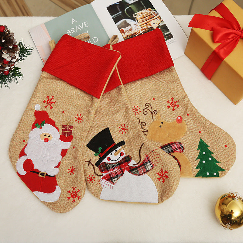Christmas Decoration Linen Red Bordered Old Man Snowman Christmas Socks Christmas Gift Bag Candy Socks - Korvel
