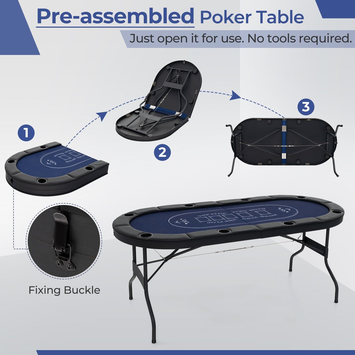 Table de poker pliable de 72 pouces pour 8 joueurs - Bleu
