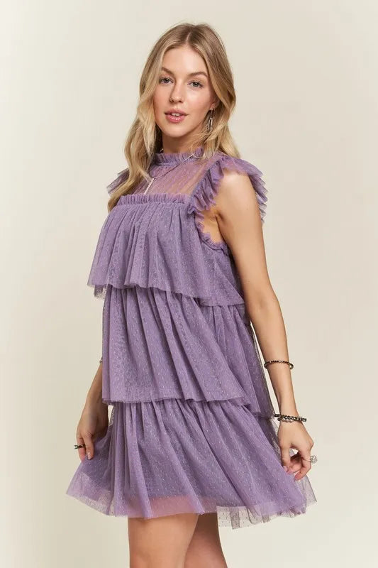 Layered Ruffled Cap Sleeve Mesh Dress for Women