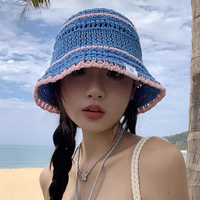 Chapeau seau en paille tissée assorti pour femmes