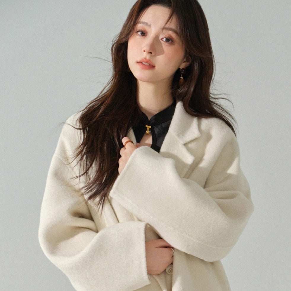 Double Breasted Cream Wool Coat for Women