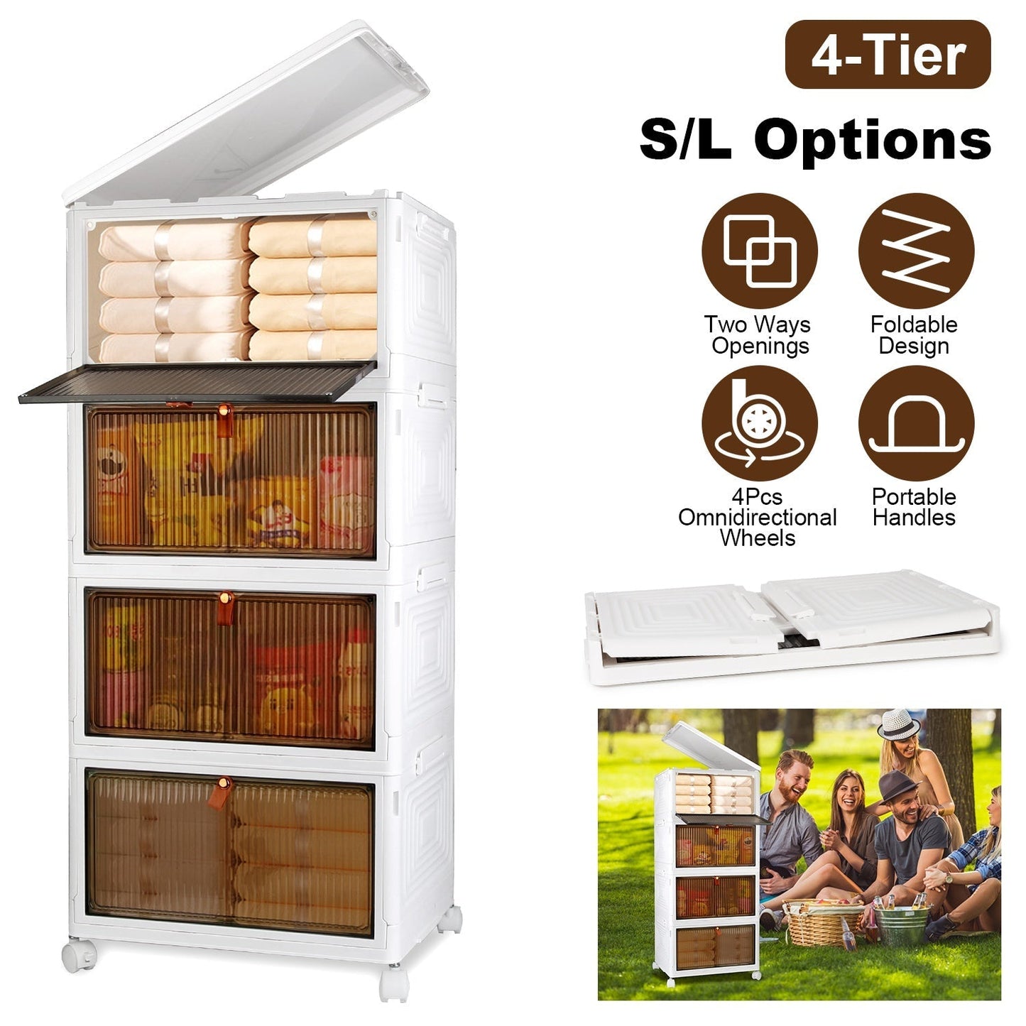 4-Tier Foldable Storage Bins with Magnetic Doors & Wheels