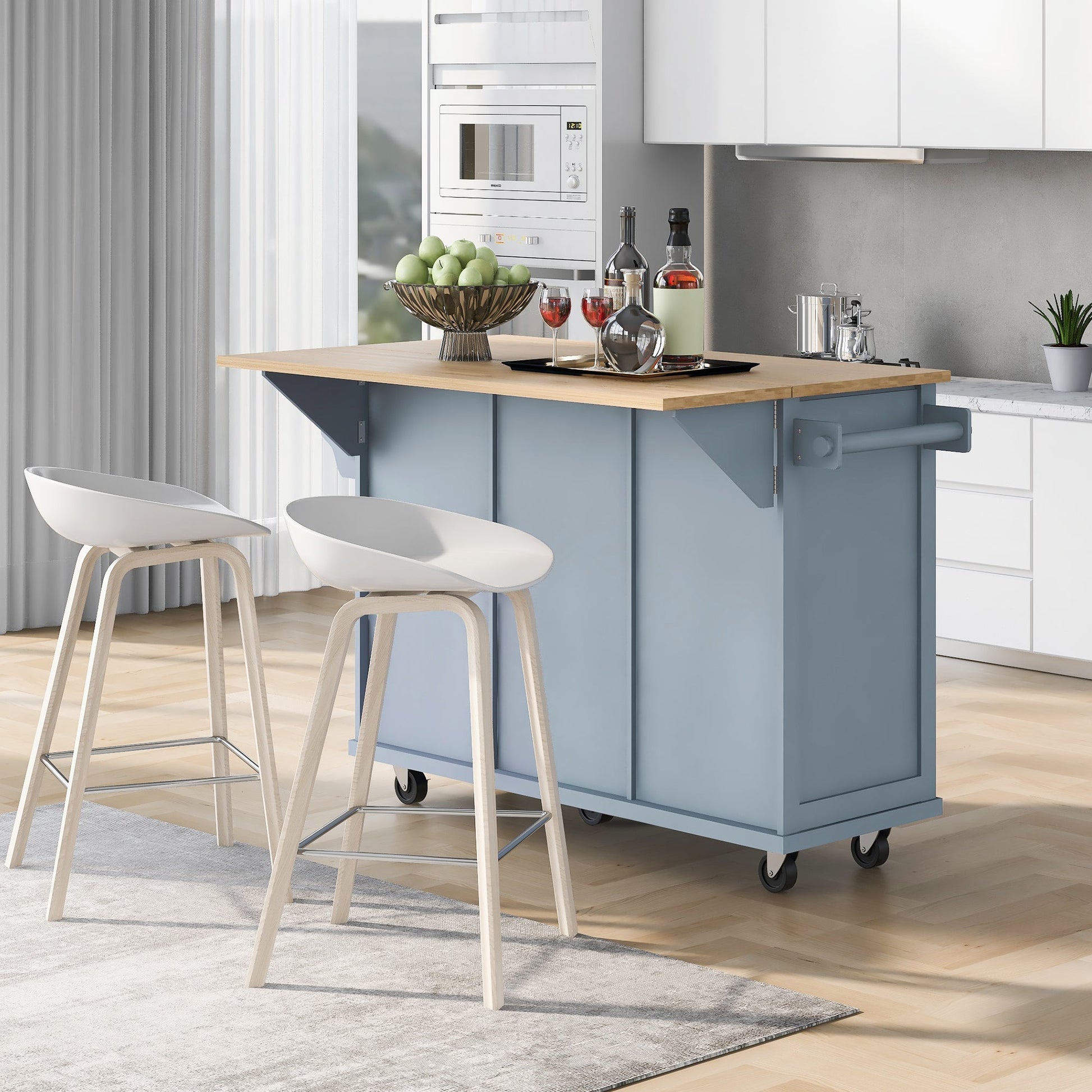 Kitchen handcart with rubber wood leaf countertop, storage cabinet, shelf, and 3 dining room drawers, gray blue - Korvel