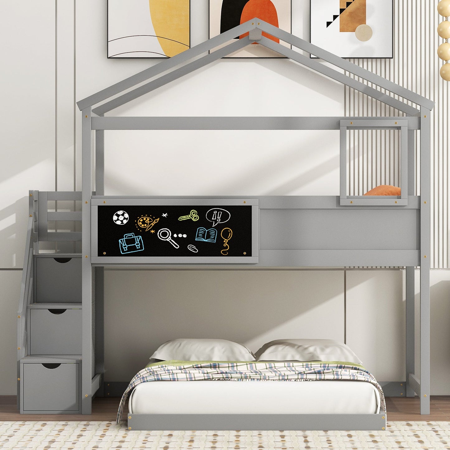 Twin over Full House Bunk Bed with Storage Staircase and Blackboard Gray - Korvel