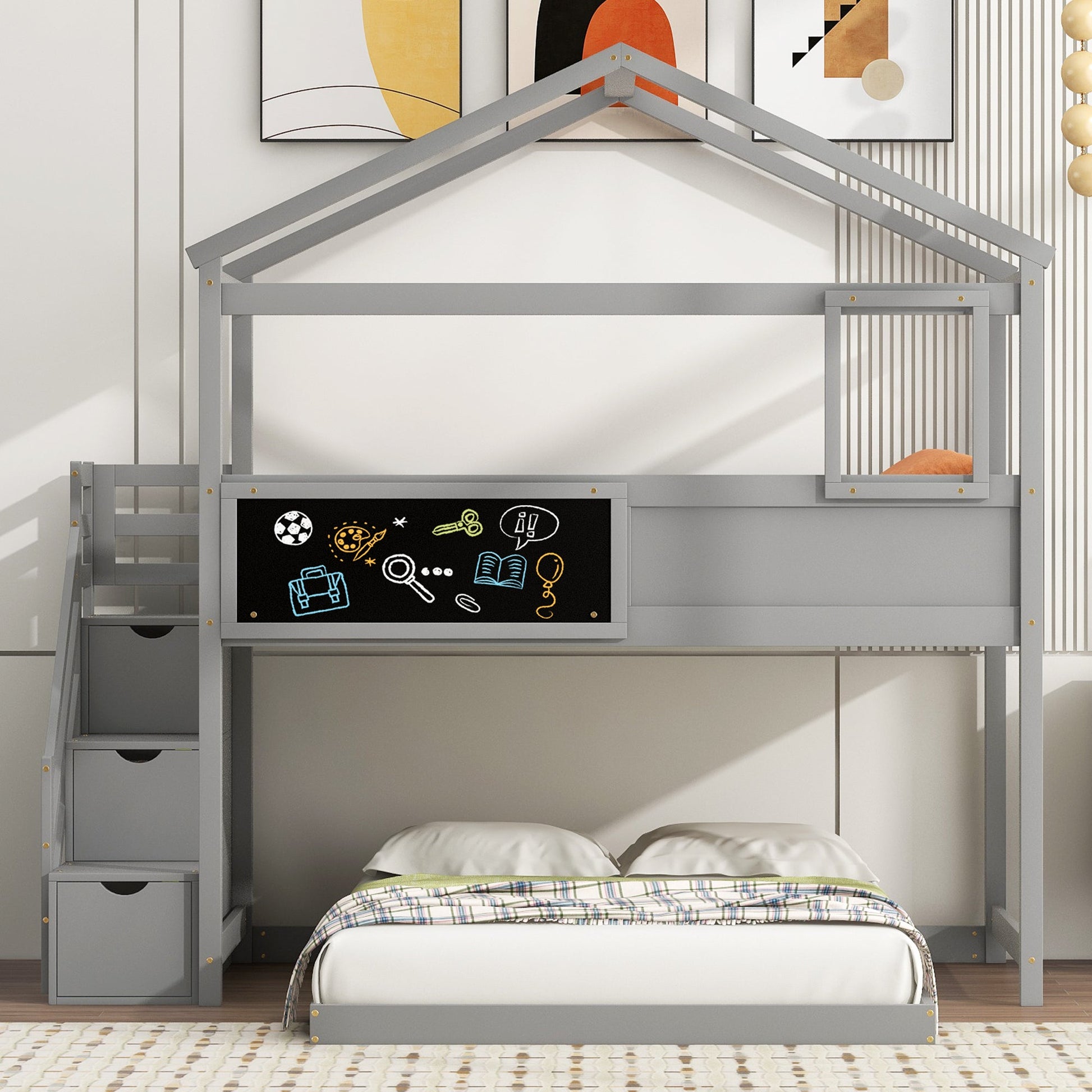 Twin over Full House Bunk Bed with Storage Staircase and Blackboard Gray - Korvel