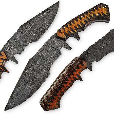 Exquisite Handmade Damascus Steel Survival Knife with Unique Wood Handle - 13 Inches Long, Includes Leather Sheath - Korvel