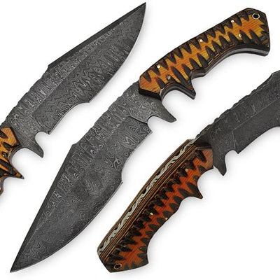 Exquisite Handmade Damascus Steel Survival Knife with Unique Wood Handle - 13 Inches Long, Includes Leather Sheath - Korvel