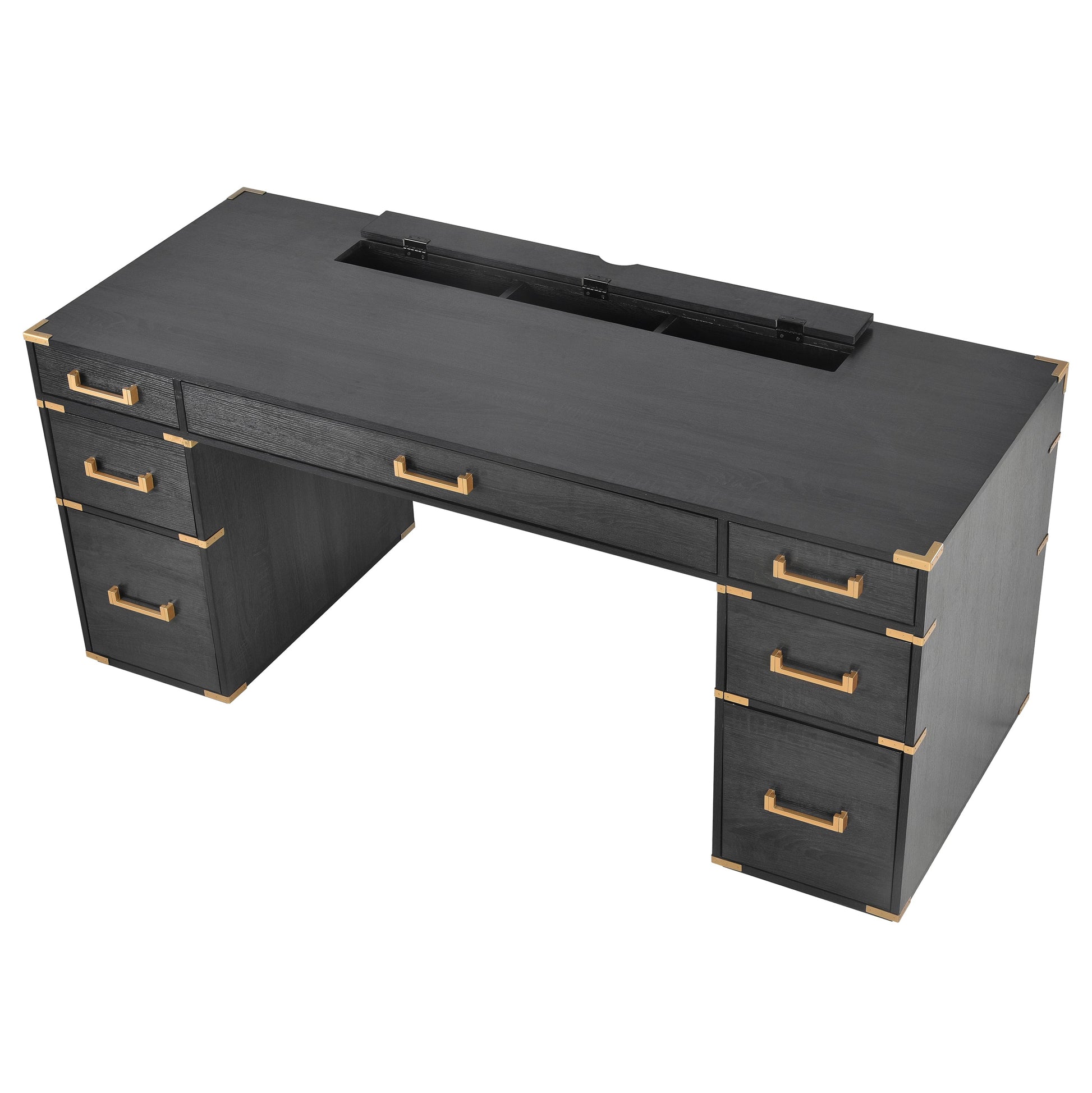 70 inch classic and traditional executive desk with metal trim, writing desk with 2 file drawers, USB ports, and sockets, black - Korvel