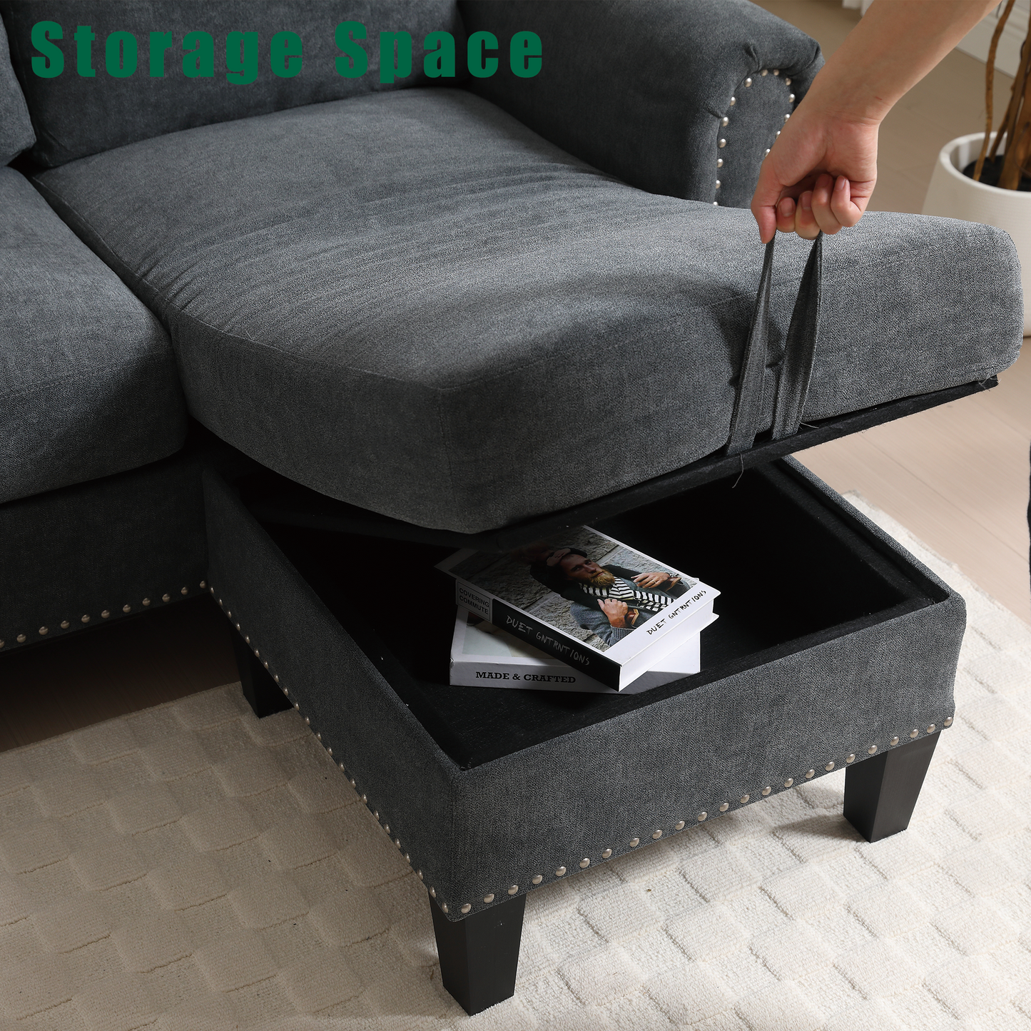 Convertible Sectional Sofa with Storage,L-shaped sofa Modern Linen Fabric Sectional Couches for Living Room,Gray - Korvel