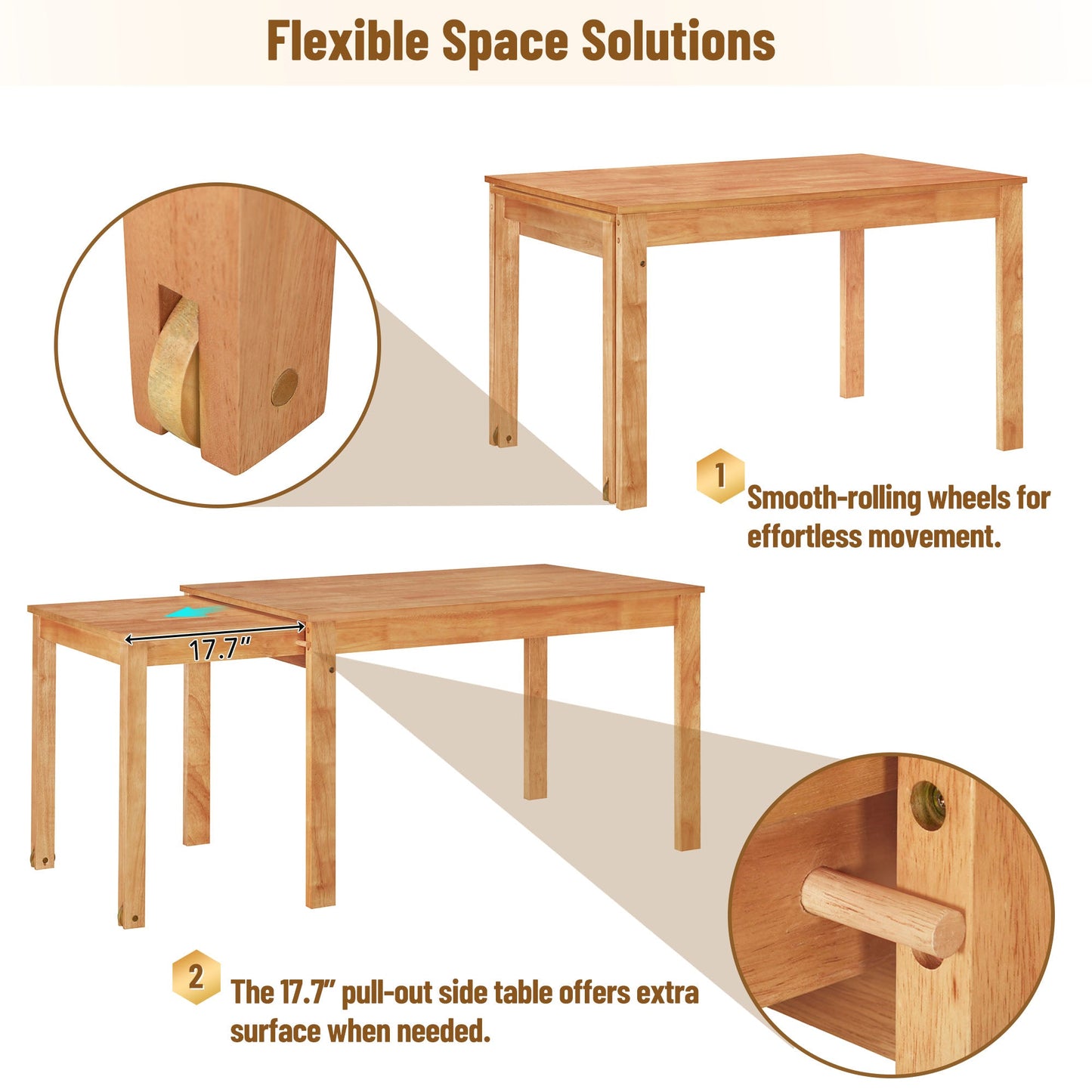 TOPMAX 65 "5-piece set with wheels, expandable dining table set, 17.7" pull-out side table and small dining chairs, natural - Korvel