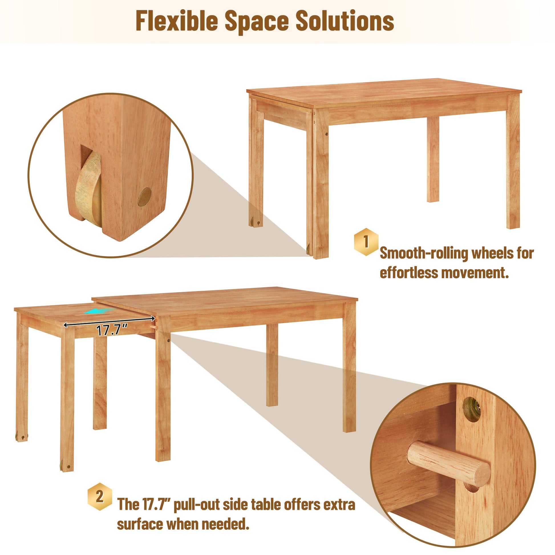 TOPMAX 65 "5-piece set with wheels, expandable dining table set, 17.7" pull-out side table and small dining chairs, natural - Korvel