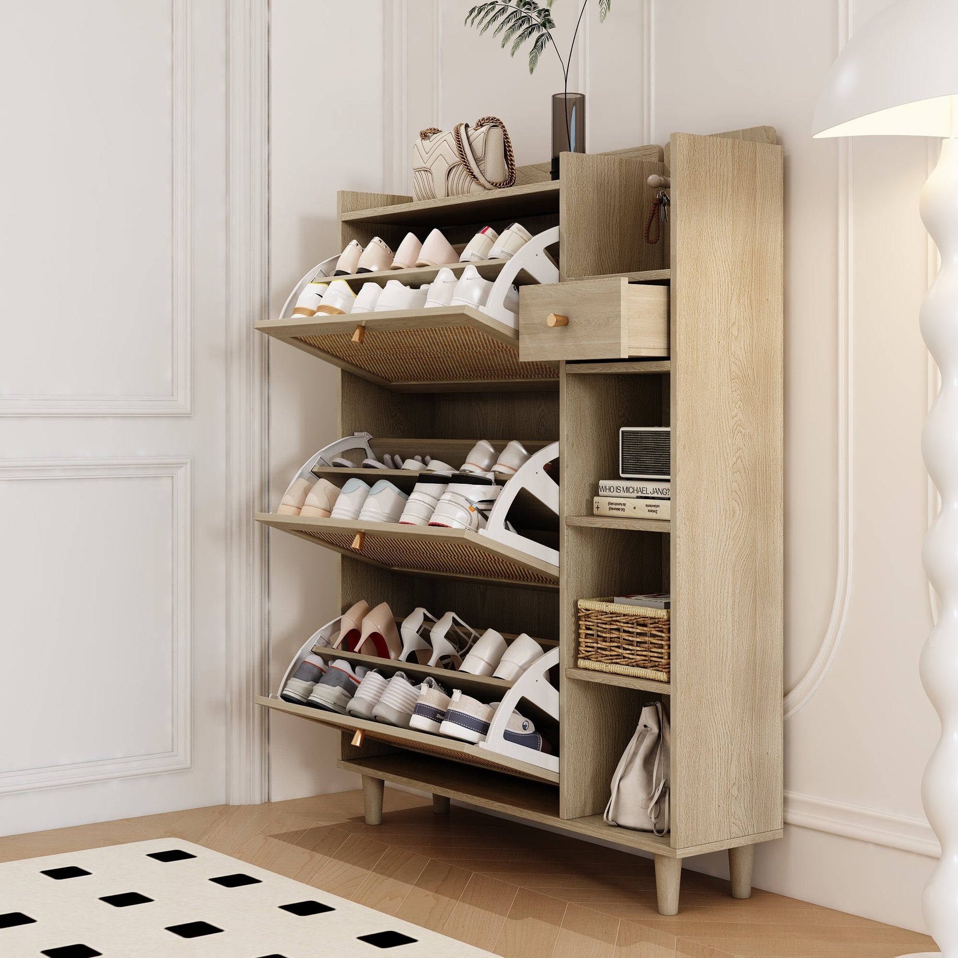 Natural Bohemian style shoe cabinet with 3 rattan flip drawers, 3 square shelves, and 1 storage drawer,  Natural - Korvel