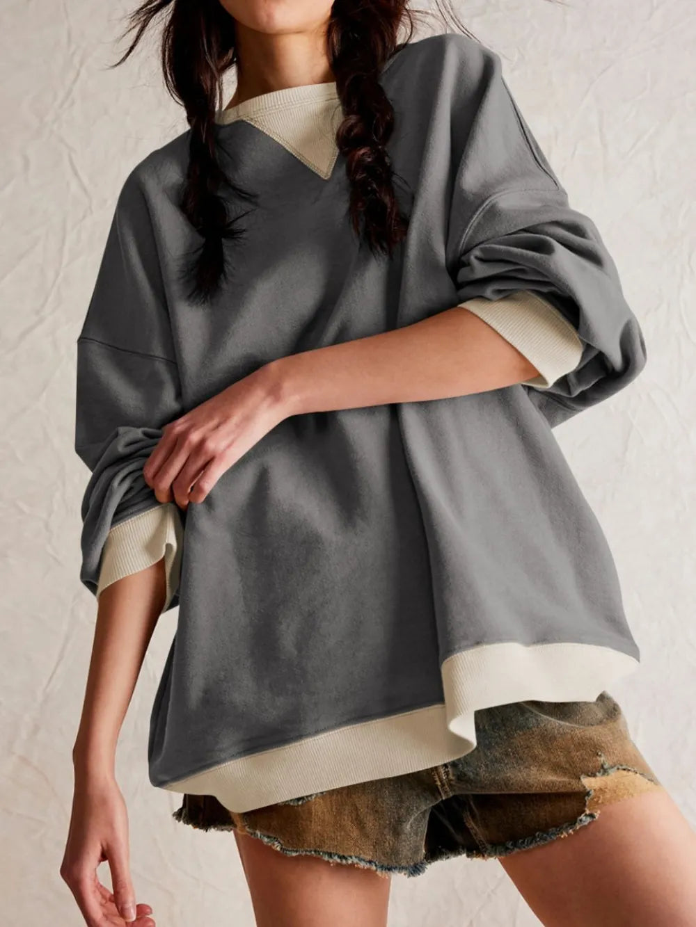 Contrast Dropped Shoulder Long Sleeve Sweatshirt - Korvel