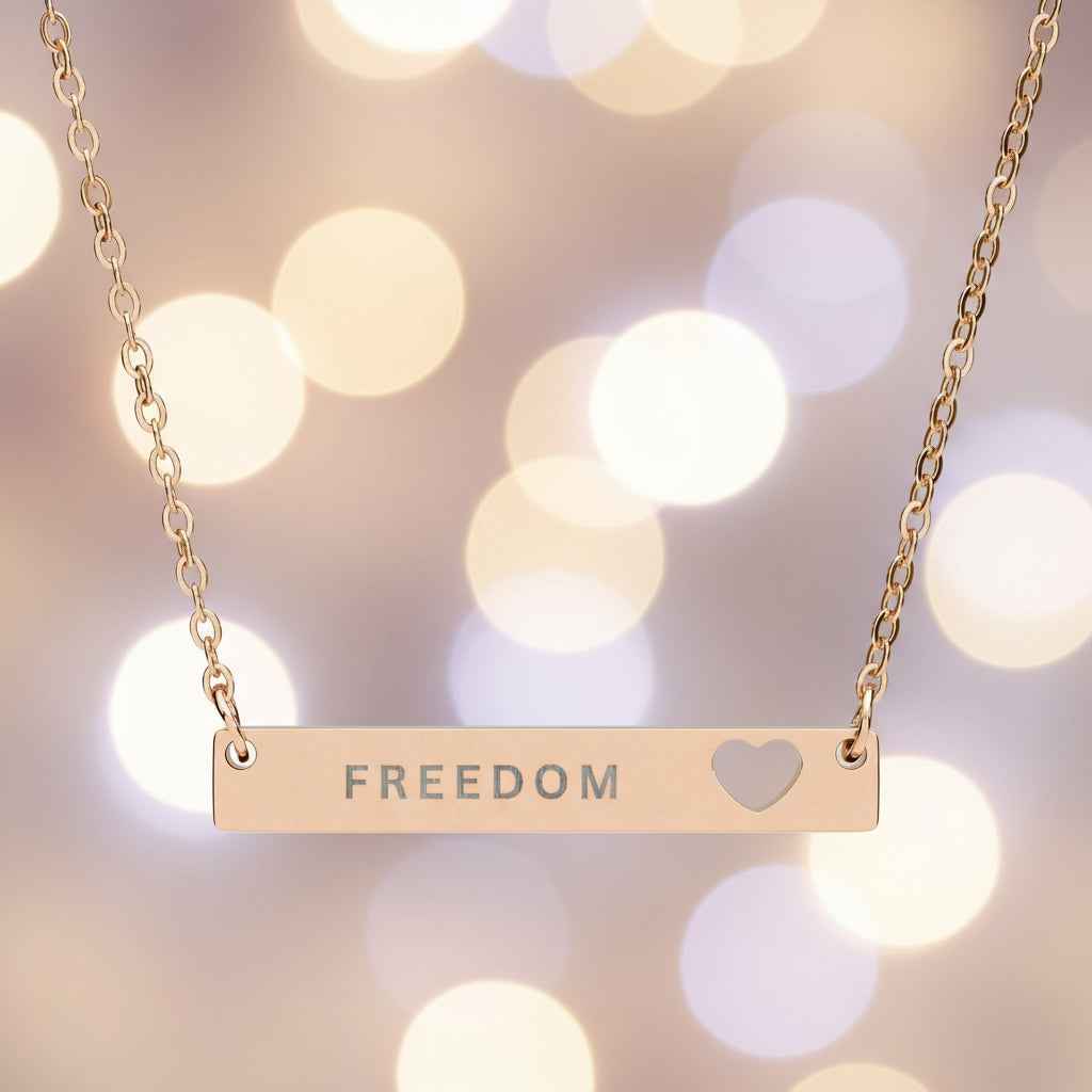 Engraved Freedom Cutout Heart Bar Necklace