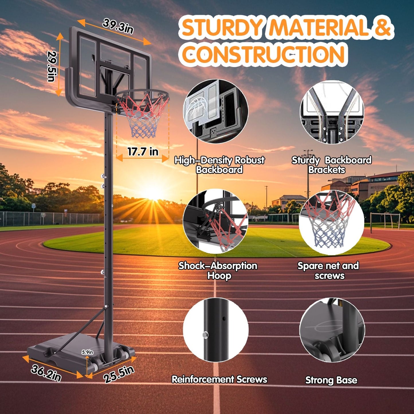 Basketball Hoop Basketball System 4.76-10ft Height Adjustable with 4 Basketball, Net Pocket, Inflator Set - Korvel