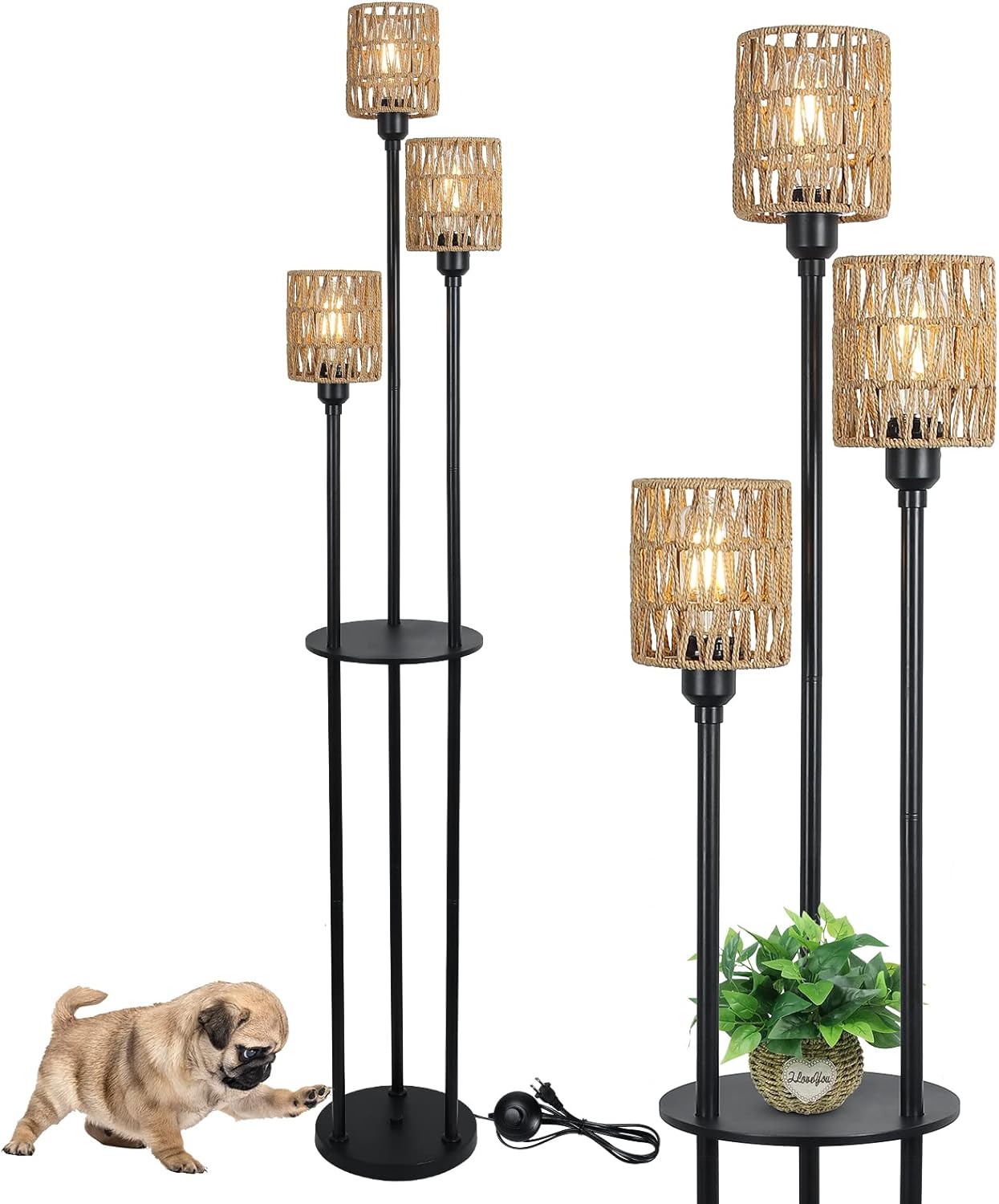 Boho Floor Lamp with Shelves 3-Lights Farmhouse Tall Floor Lamp with ON/OFF Foot Switch Rustic Standing Lamp with Rattan Shades - Korvel