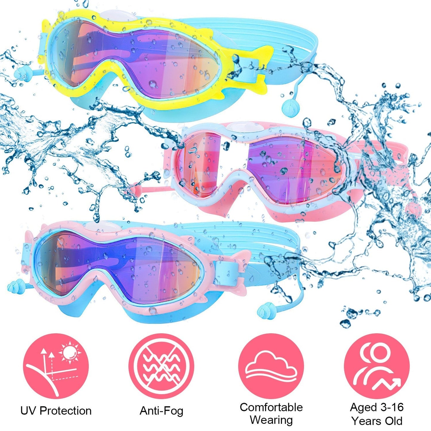 Kids Swim Goggles with Ear Plugs - UV Protection & Anti-Fog