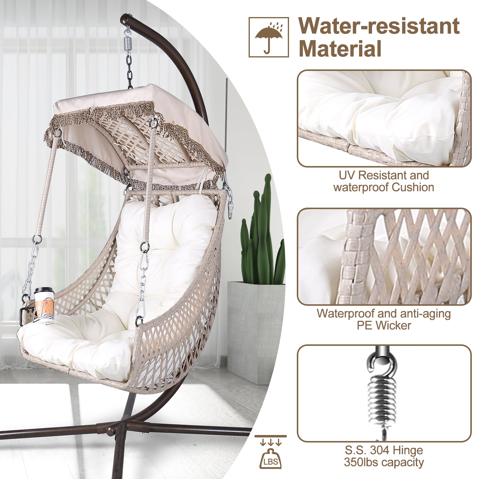 Swing Egg Chair with Stand Indoor Outdoor Wicker Rattan Frame 350lbs Capacity Hammock Chair for Patio Bedroom with Sunshade Clot - Korvel