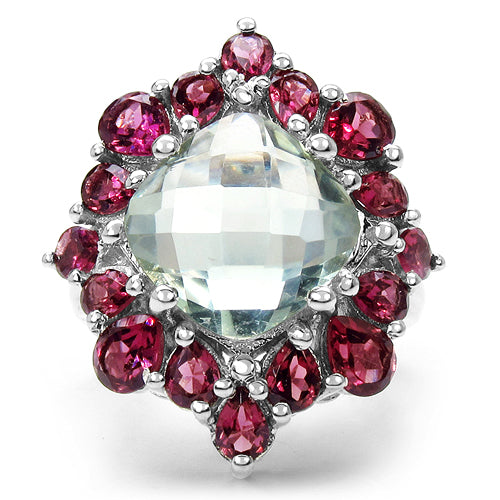 Bague en argent sterling avec améthyste verte et rhodolite de 8,61 carats