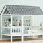 Wood Twin Size House Bed with Roof, Guardrail and Shelves, White - Korvel