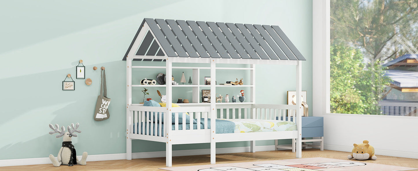 Wood Twin Size House Bed with Roof, Guardrail and Shelves, White - Korvel