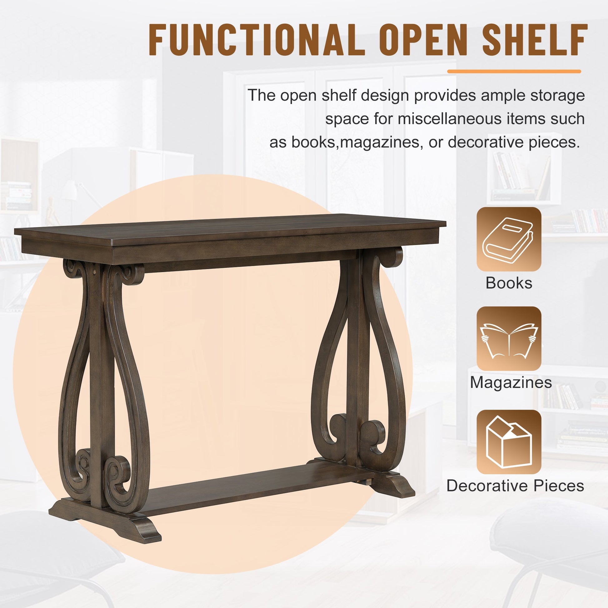 48-Inch Rustic Vintage Console Table --- Farmhouse Style Entryway Table with Open Shelf and Sturdy Construction (Walnut) - Korvel
