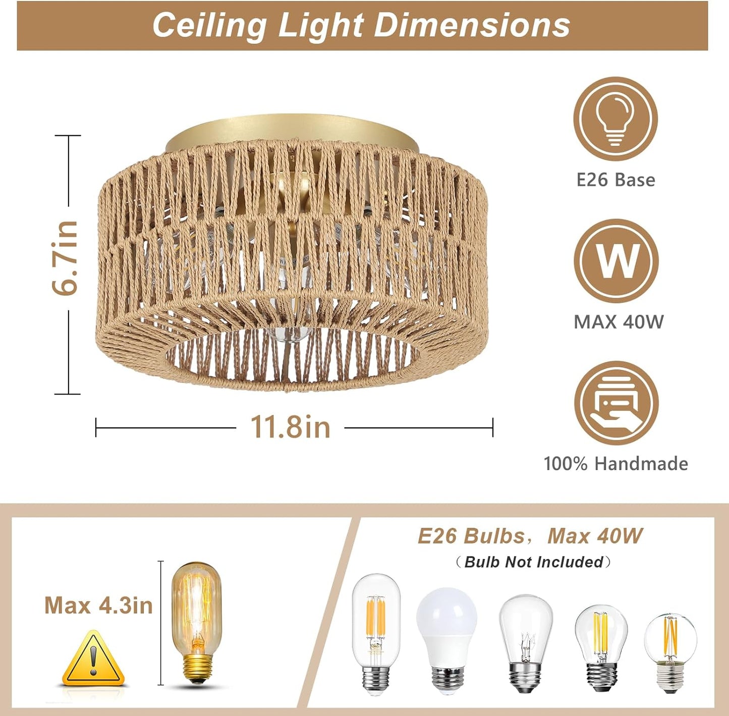 Boho Light Fixtures Ceiling Mount 3-Light Farmhouse Rattan Ceiling Light Fixture Flush Mount Ceiling Light with Hand-Woven Shade - Korvel