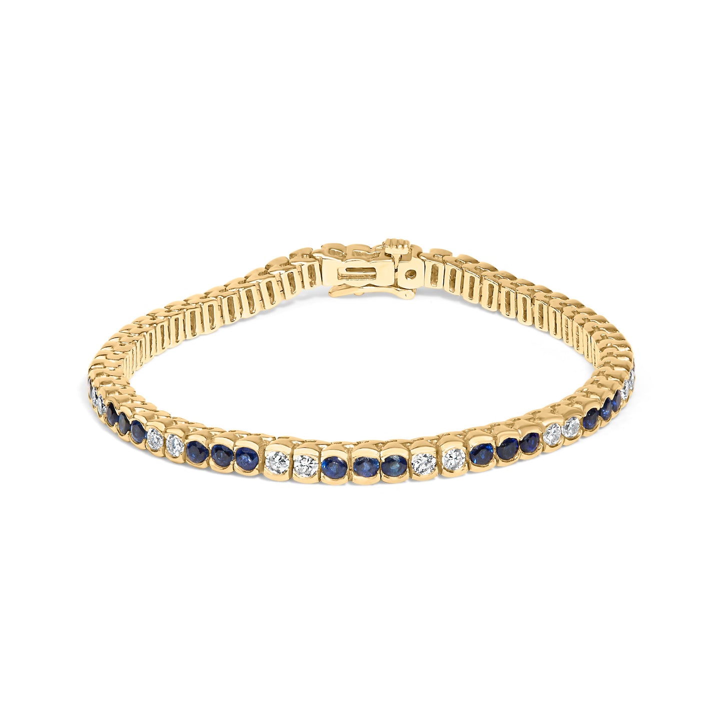 14K Yellow Gold Diamond & Blue Sapphire Tennis Bracelet - 7 Inches