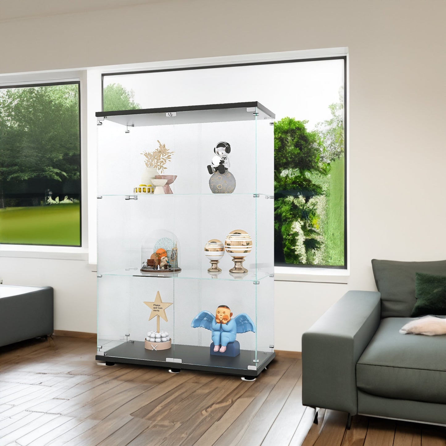 Three double door glass display cabinets with door frames, 49.3 inches * 31.7 inches * 14.3 inches, black - Korvel